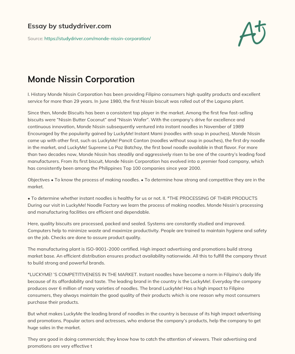 Monde Nissin Corporation essay