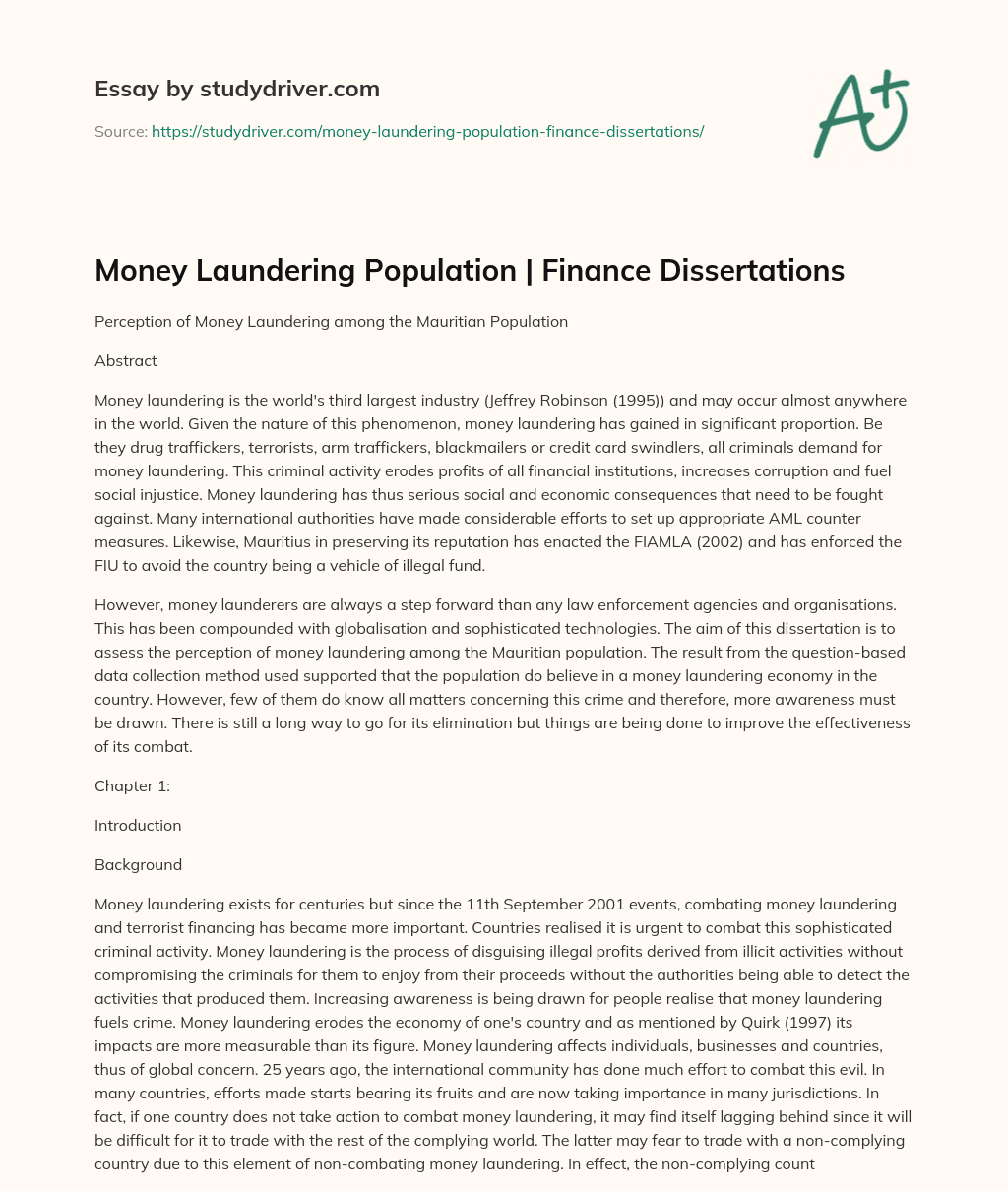 Money Laundering Population | Finance Dissertations essay
