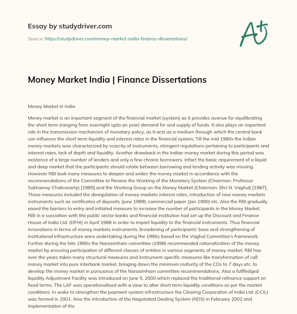 Money Market India | Finance Dissertations essay