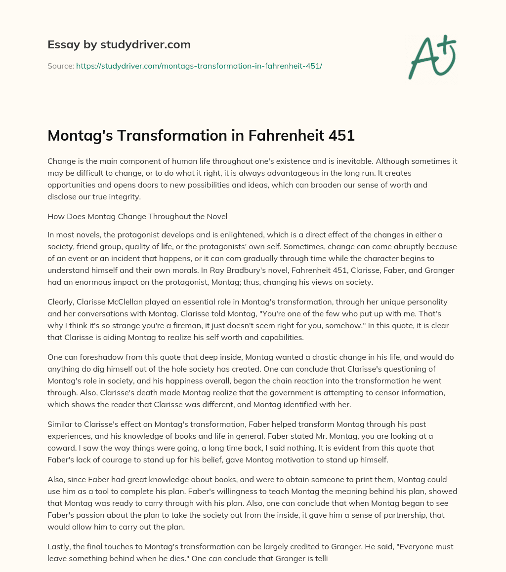 Montag’s Transformation in Fahrenheit 451 essay