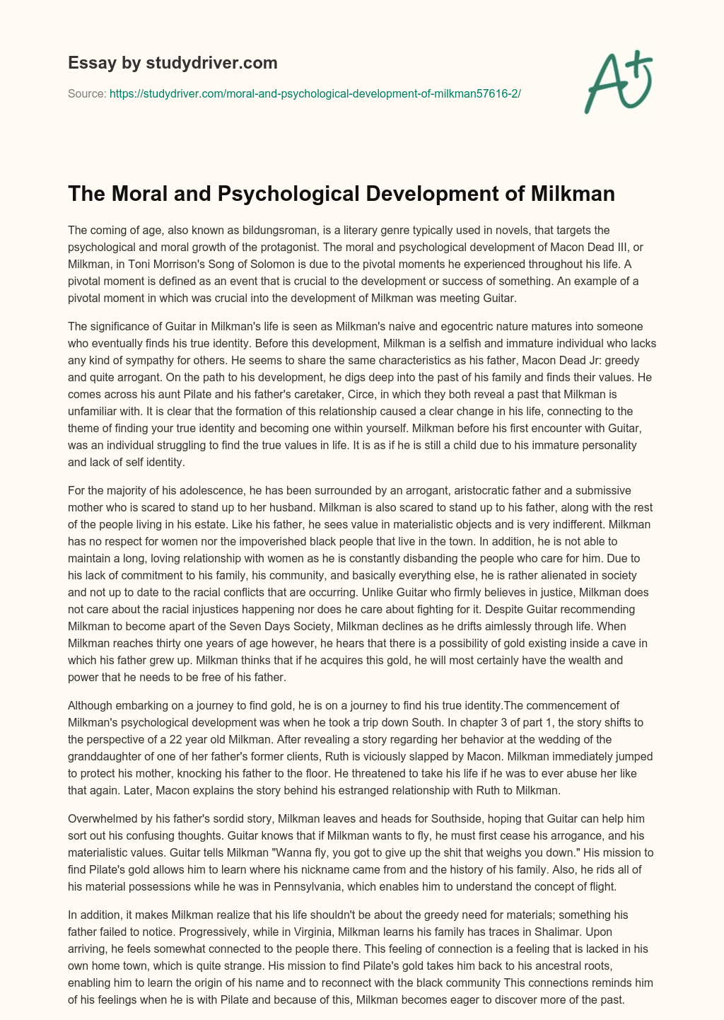The Moral and Psychological Development of Milkman essay
