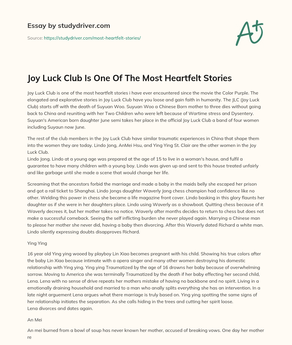 Joy Luck Club is One of the most Heartfelt Stories essay