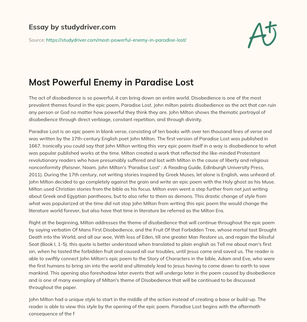 Most Powerful Enemy in Paradise Lost essay
