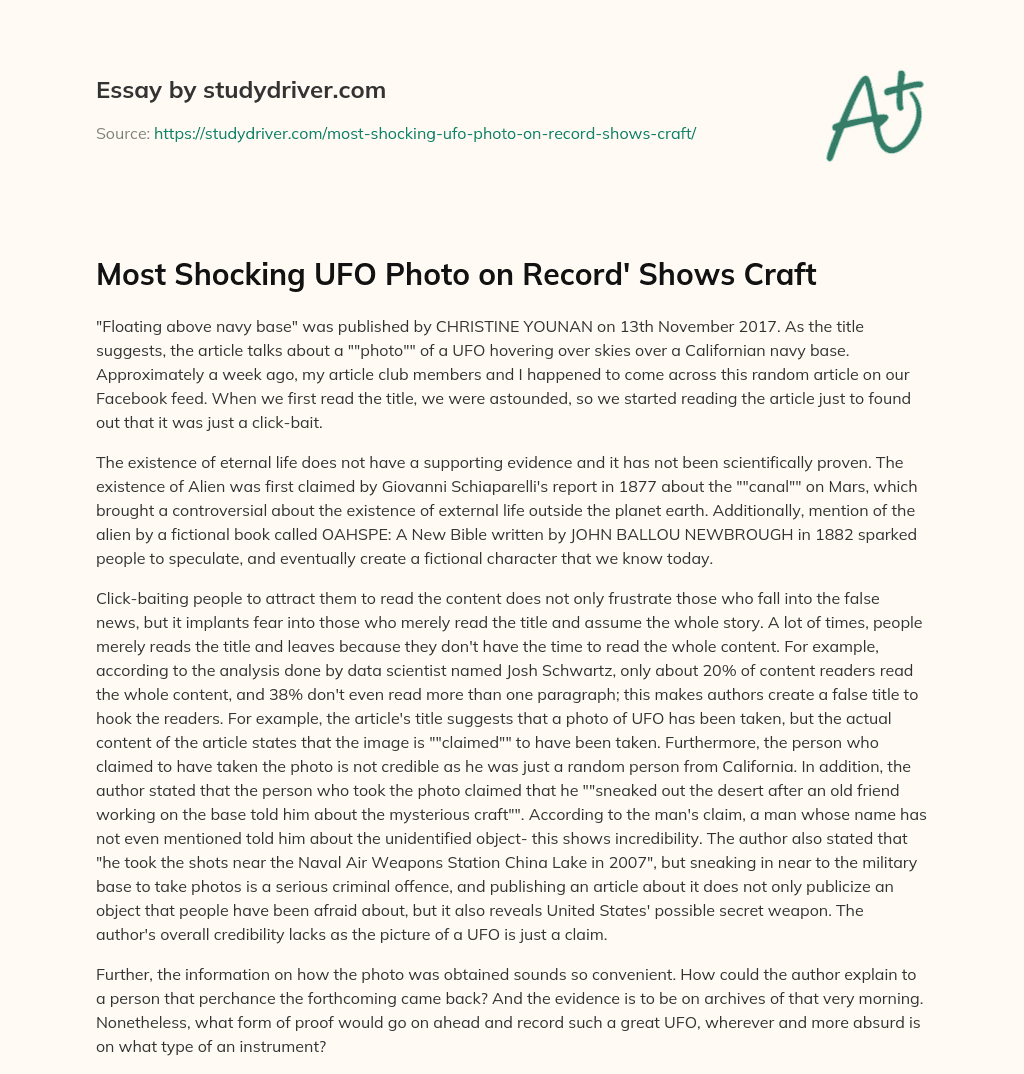 Most Shocking UFO Photo on Record’ Shows Craft essay