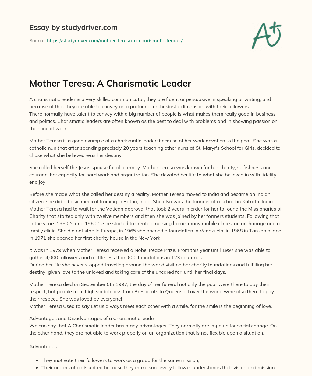 Mother Teresa: a Charismatic Leader essay