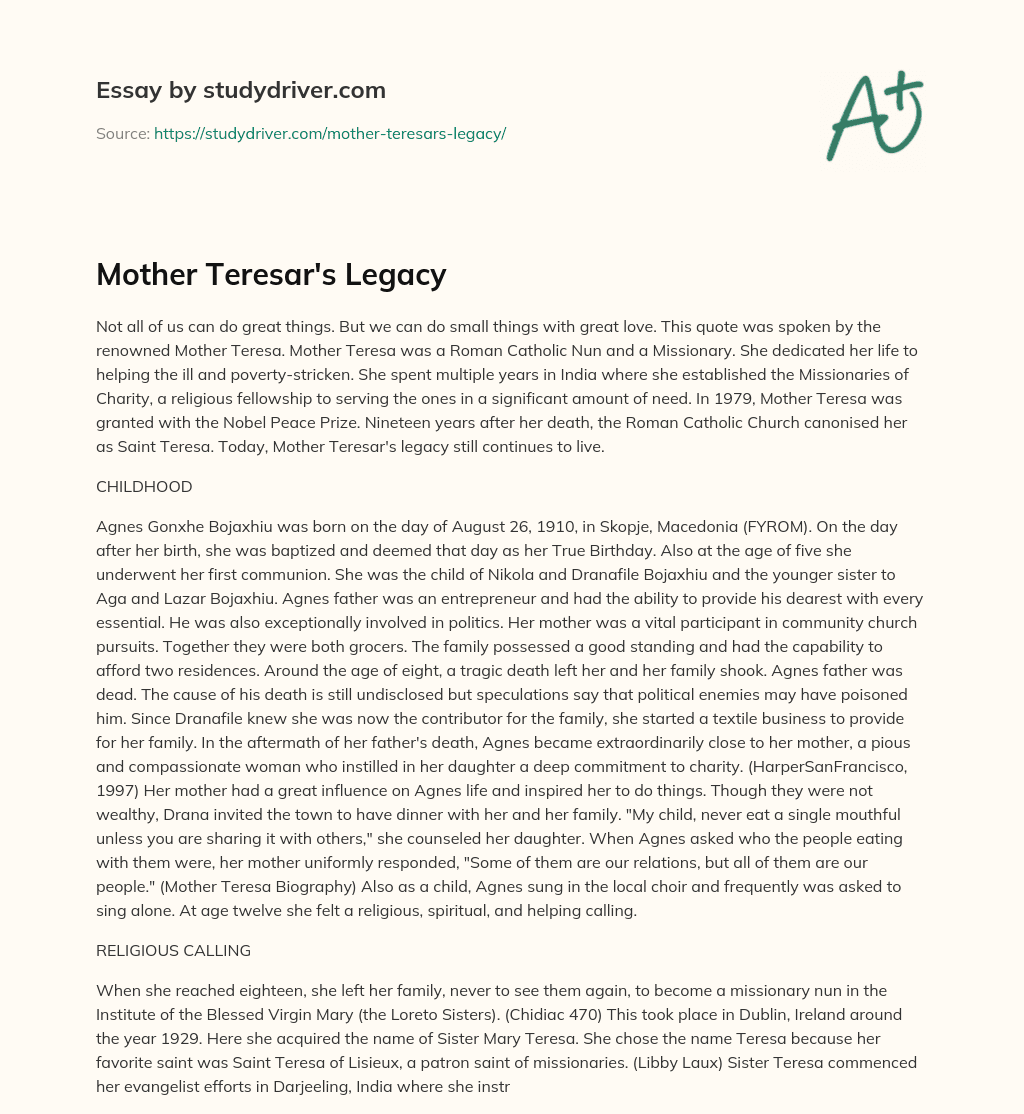 Mother Teresar’s Legacy essay