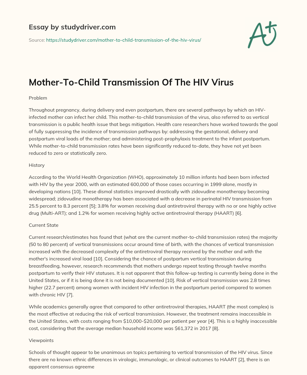 Mother-To-Child Transmission of the HIV Virus essay