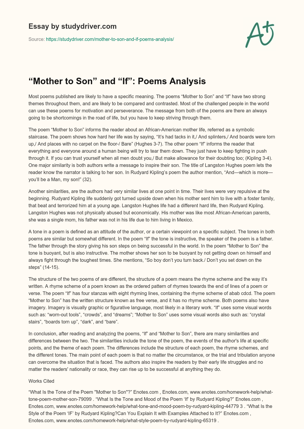 “Mother to Son” and “If”: Poems Analysis essay