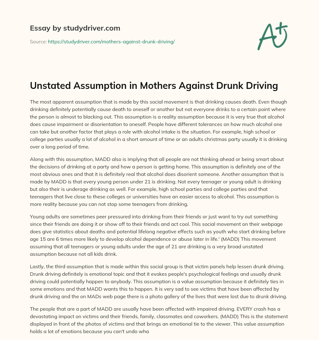 Unstated Assumption in Mothers against Drunk Driving essay