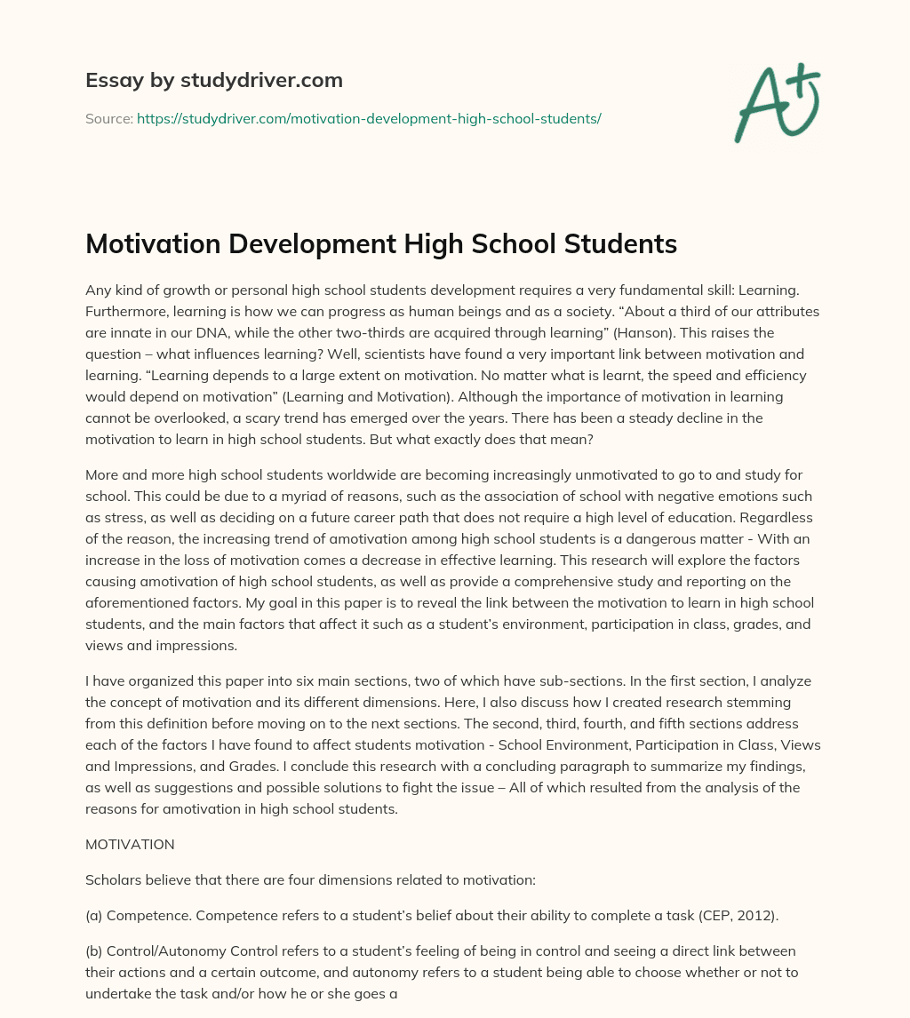 Motivation Development High School Students essay