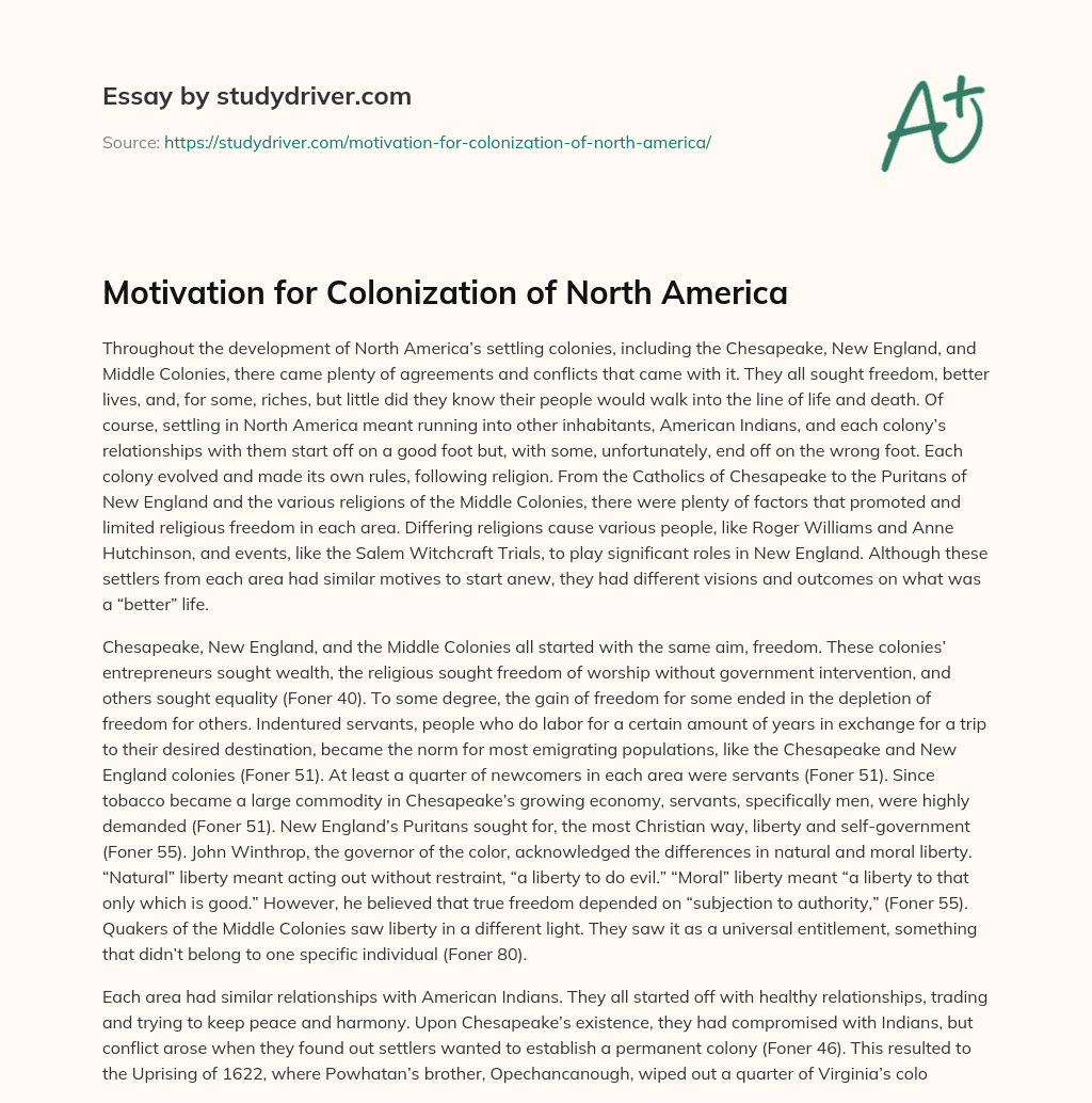 Motivation for Colonization of North America essay