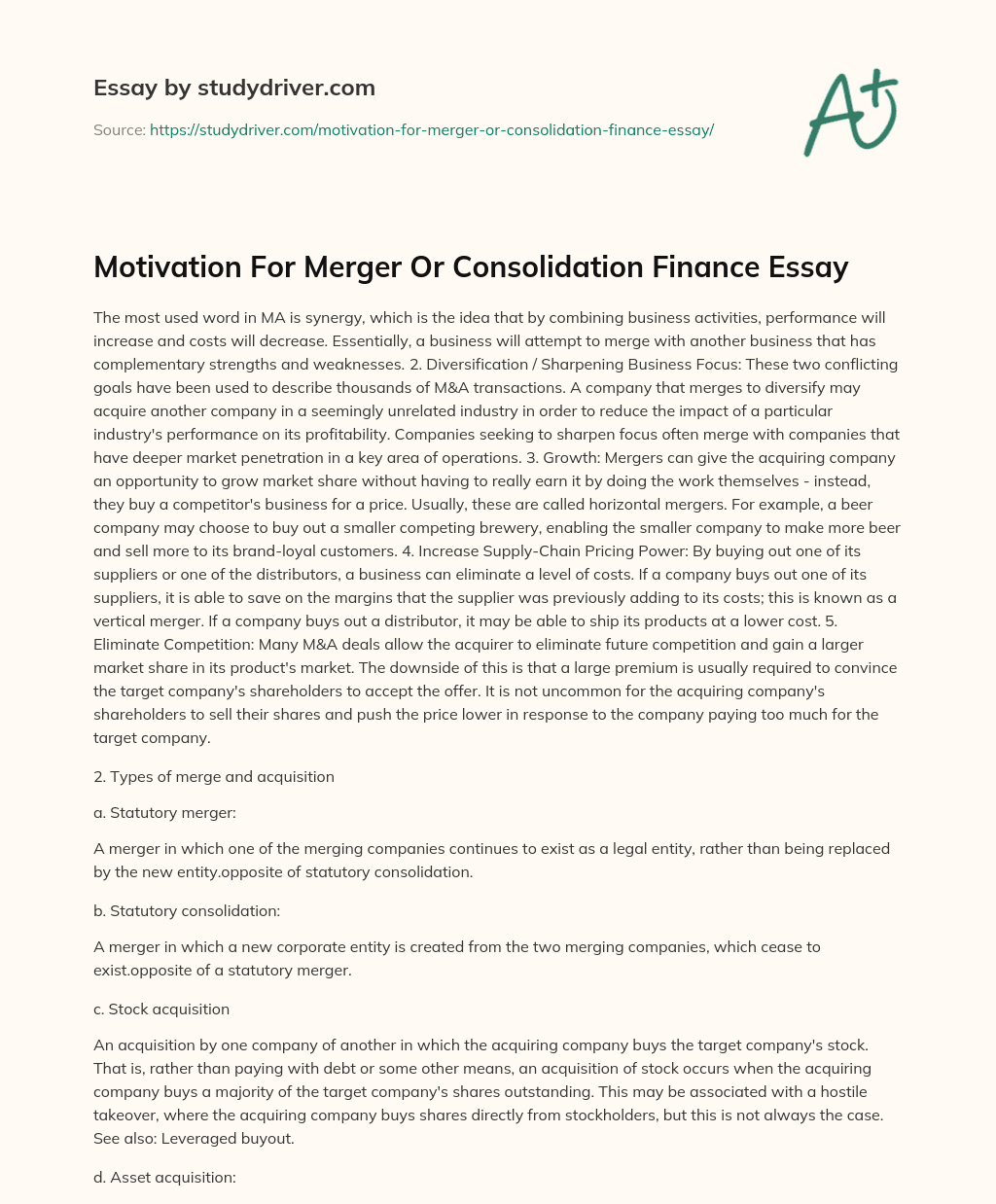Motivation for Merger or Consolidation Finance Essay essay