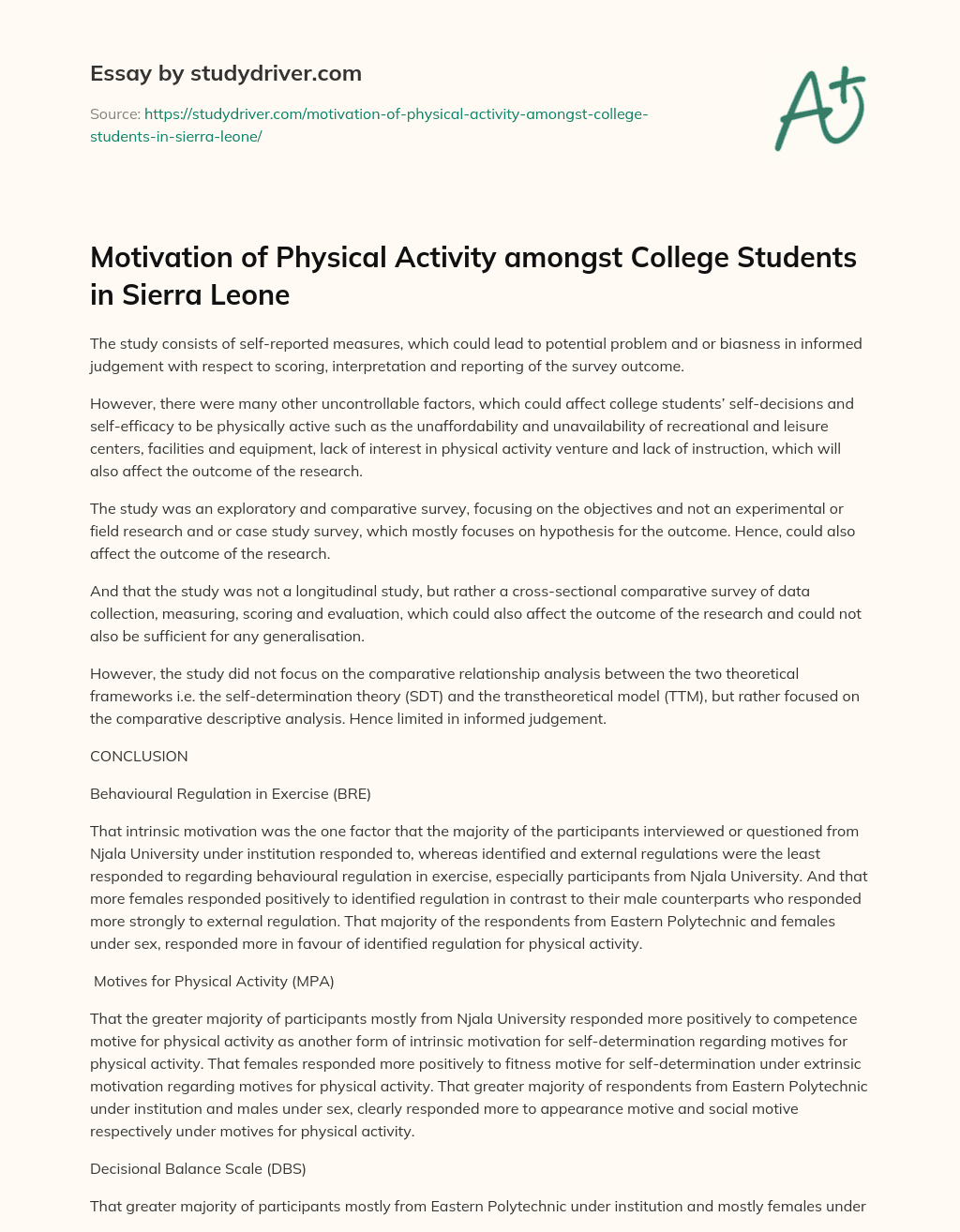 Motivation of Physical Activity Amongst College Students in Sierra Leone essay