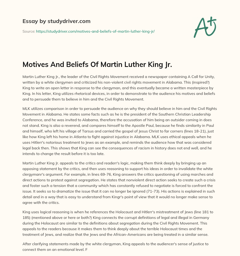 Motives and Beliefs of Martin Luther King Jr. essay