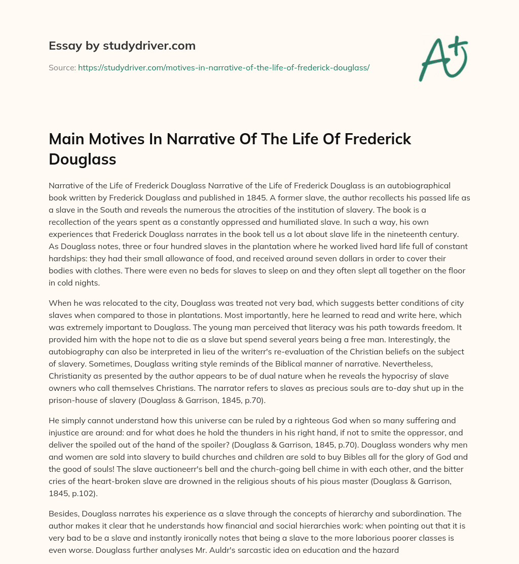 Main Motives in Narrative of the Life of Frederick Douglass essay