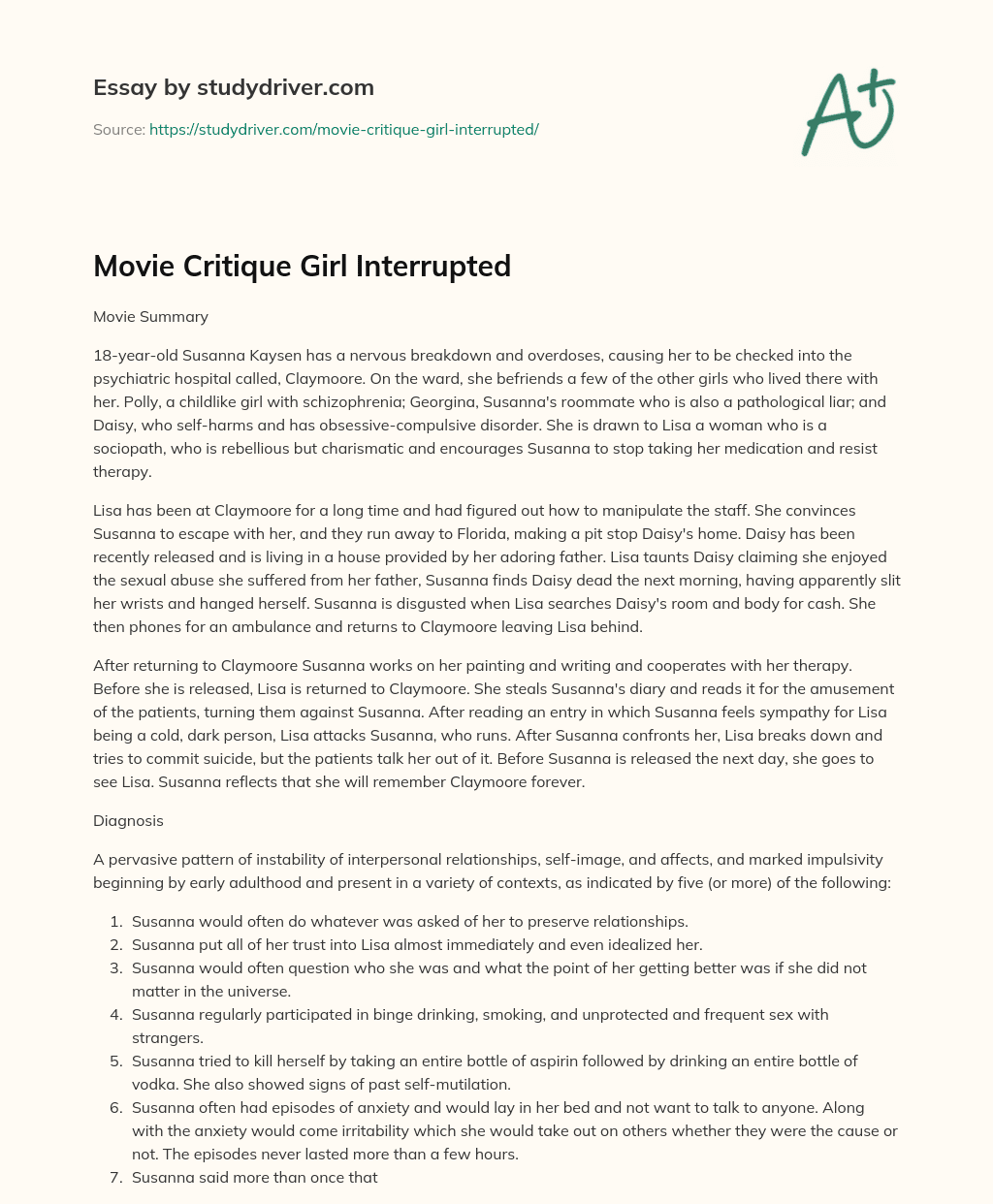 Movie Critique Girl Interrupted essay