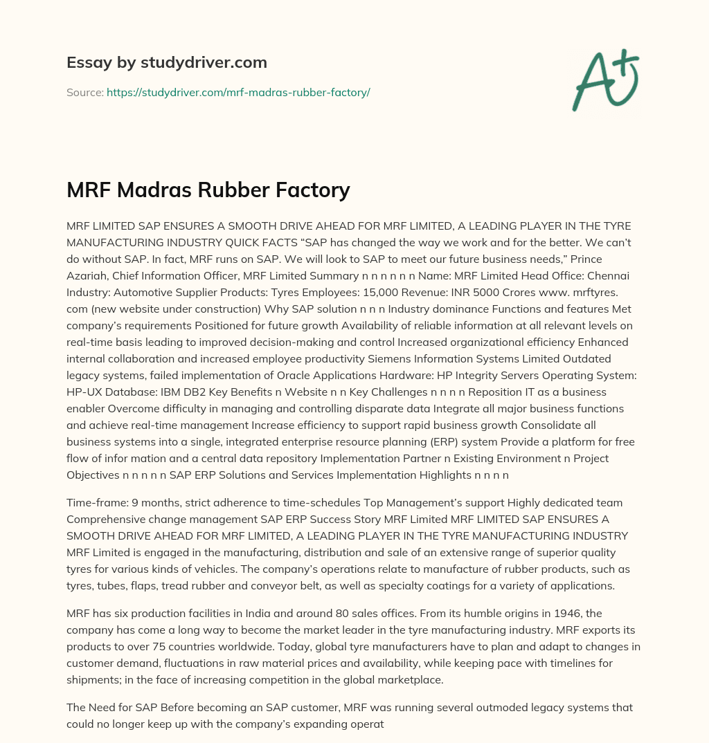 MRF Madras Rubber Factory essay