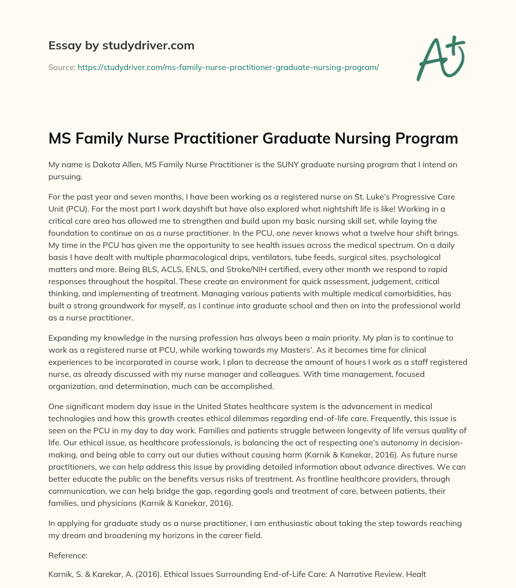 MS Family Nurse Practitioner Graduate Nursing Program essay