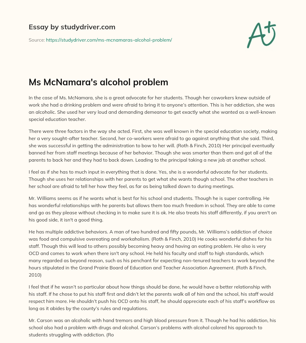 Ms McNamara’s Alcohol Problem essay