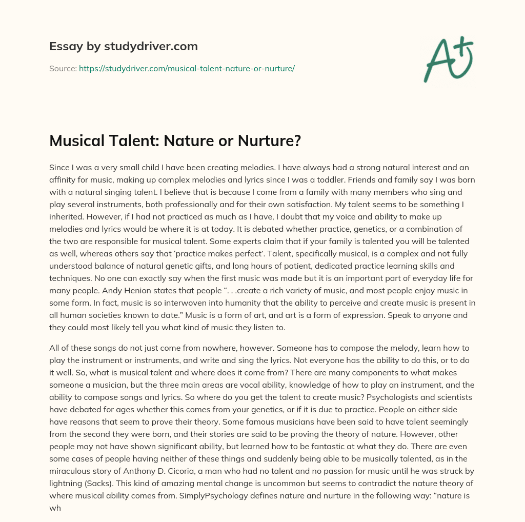 Musical Talent: Nature or Nurture? essay