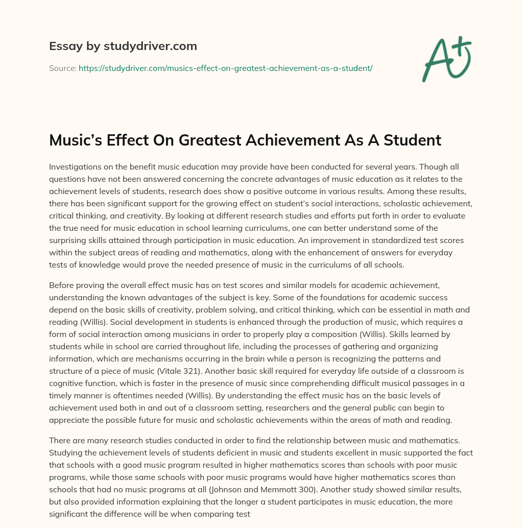 Music’s Effect on Greatest Achievement as a Student essay