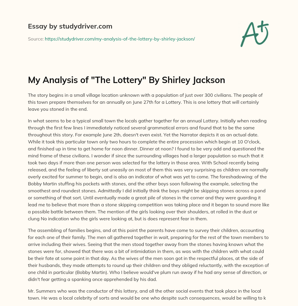 My Analysis of “The Lottery” by Shirley Jackson essay
