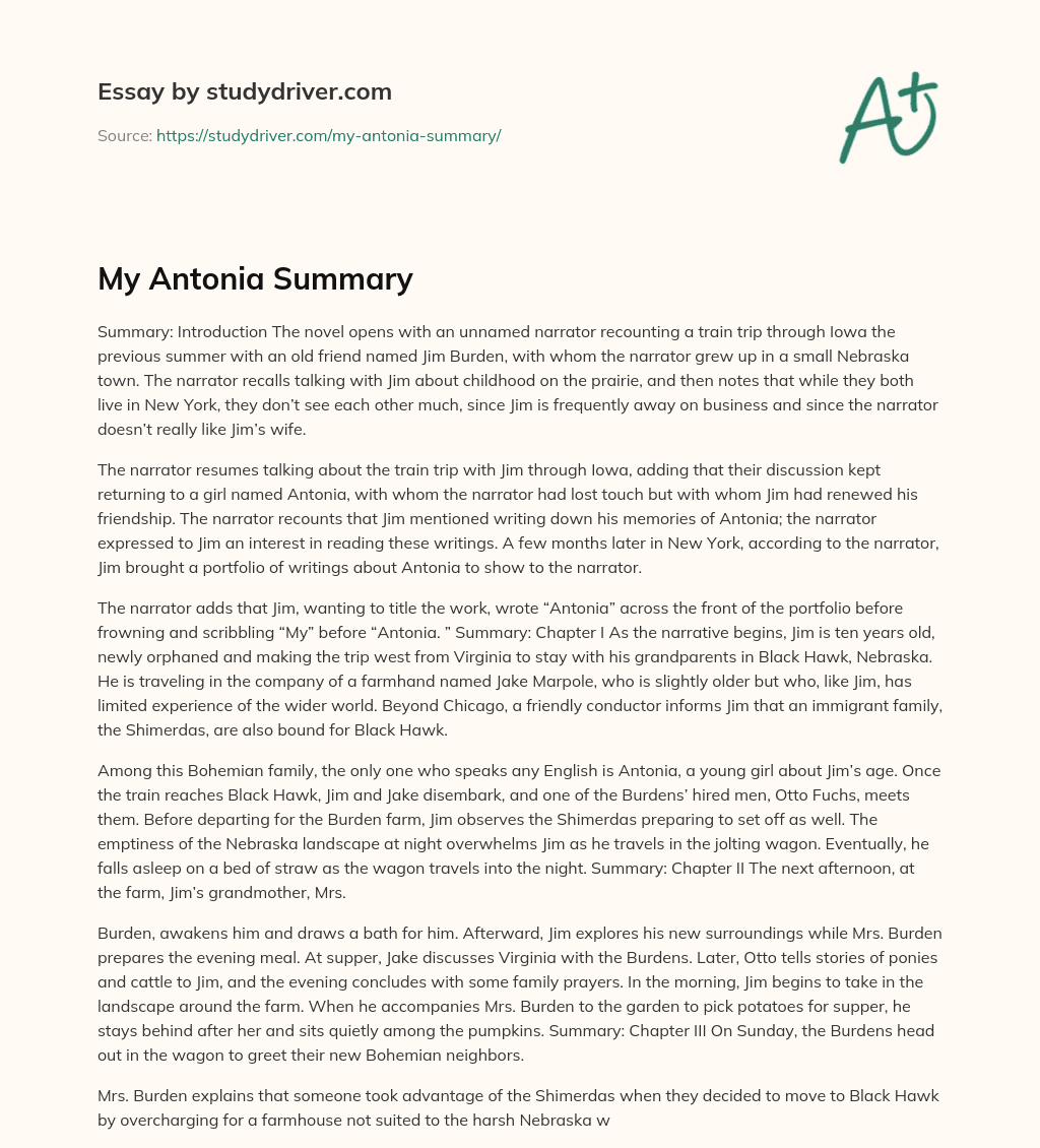 My Antonia Summary essay