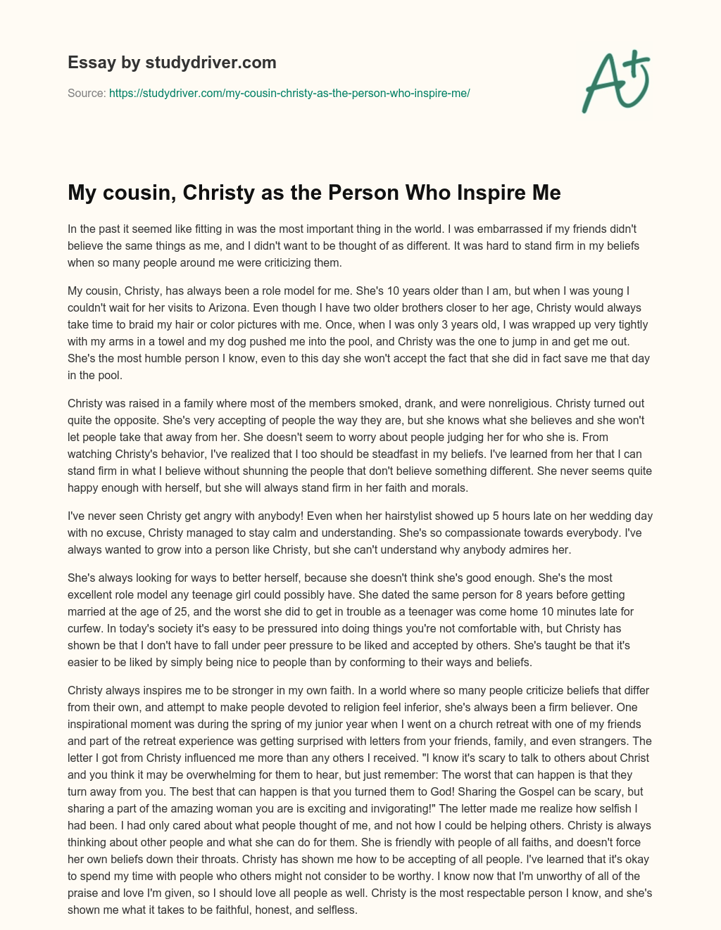 My Cousin, Christy as the Person who Inspire me essay