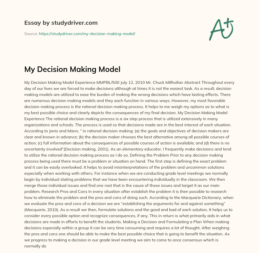 My Decision Making Model essay