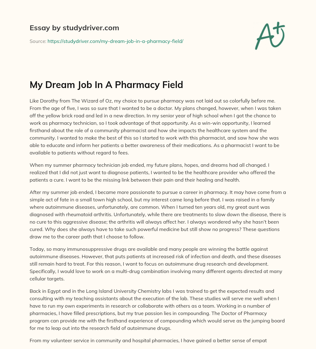 My Dream Job in a Pharmacy Field essay