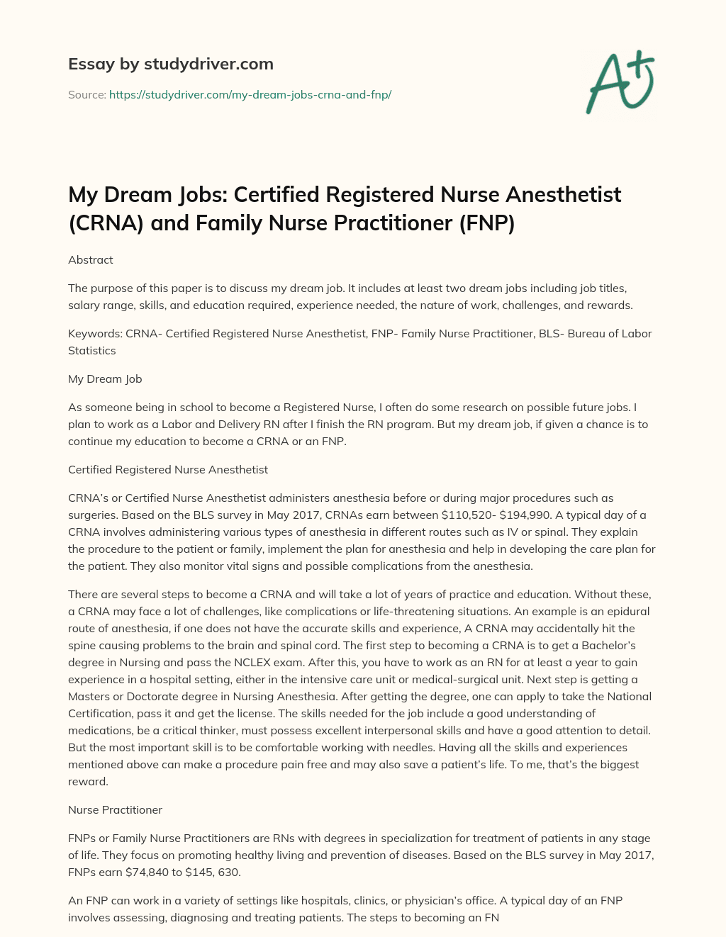 My Dream Jobs: Certified Registered Nurse Anesthetist (CRNA) and Family Nurse Practitioner (FNP) essay