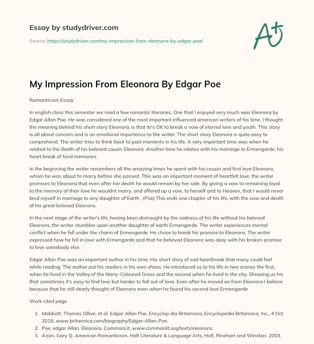 My Impression from Eleonora by Edgar Poe essay