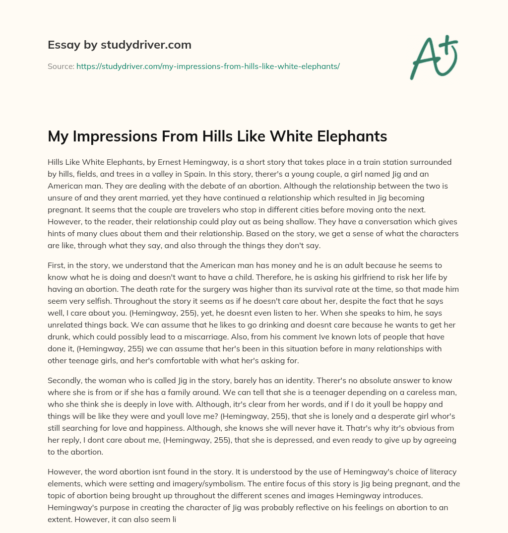 My Impressions from Hills Like White Elephants essay