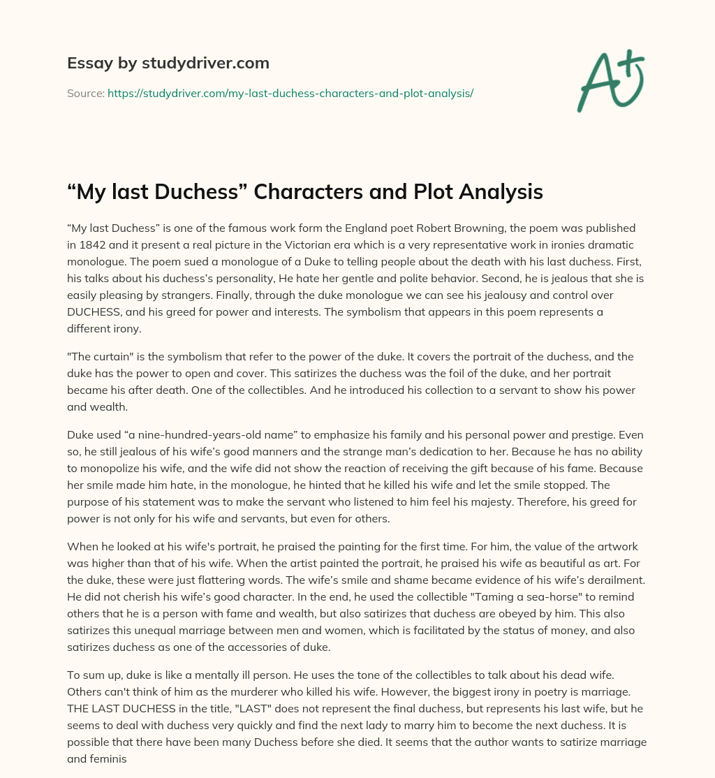 “My Last Duchess” Characters and Plot Analysis essay