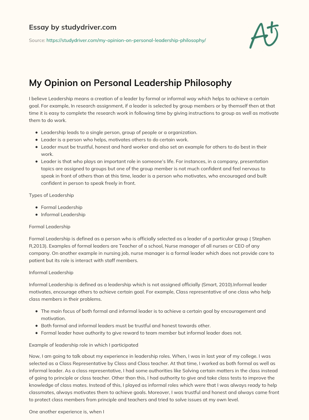 My Opinion on Personal Leadership Philosophy essay