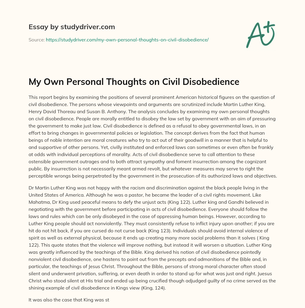 My own Personal Thoughts on Civil Disobedience essay