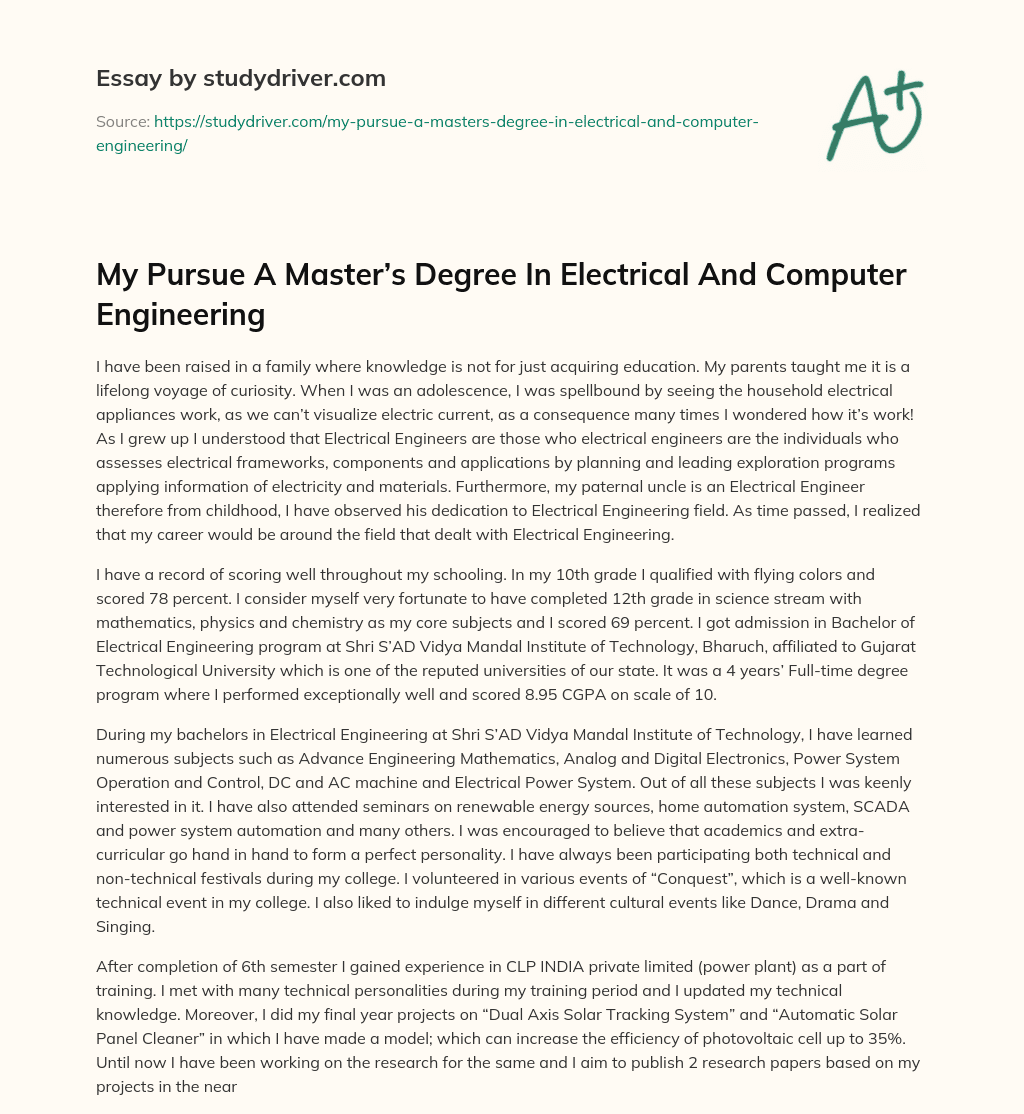 My Pursue a Master’s Degree in Electrical and Computer Engineering essay
