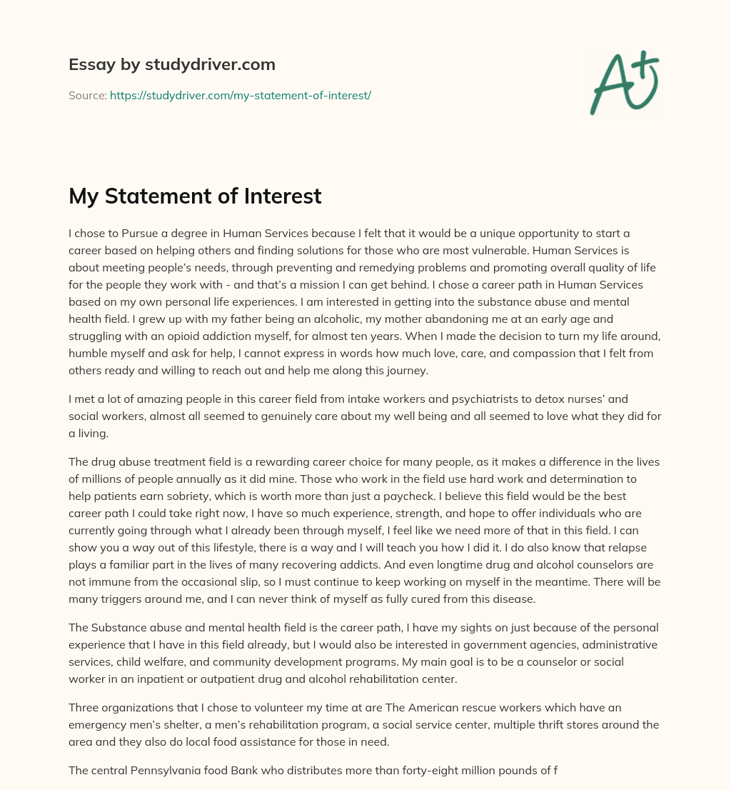 My Statement of Interest essay