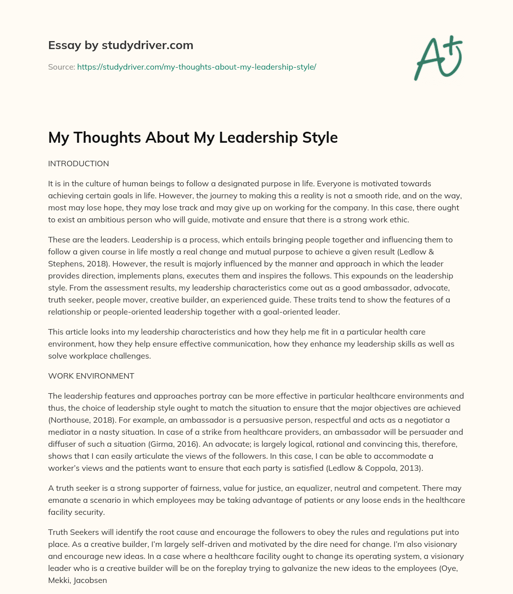 My Thoughts about my Leadership Style essay