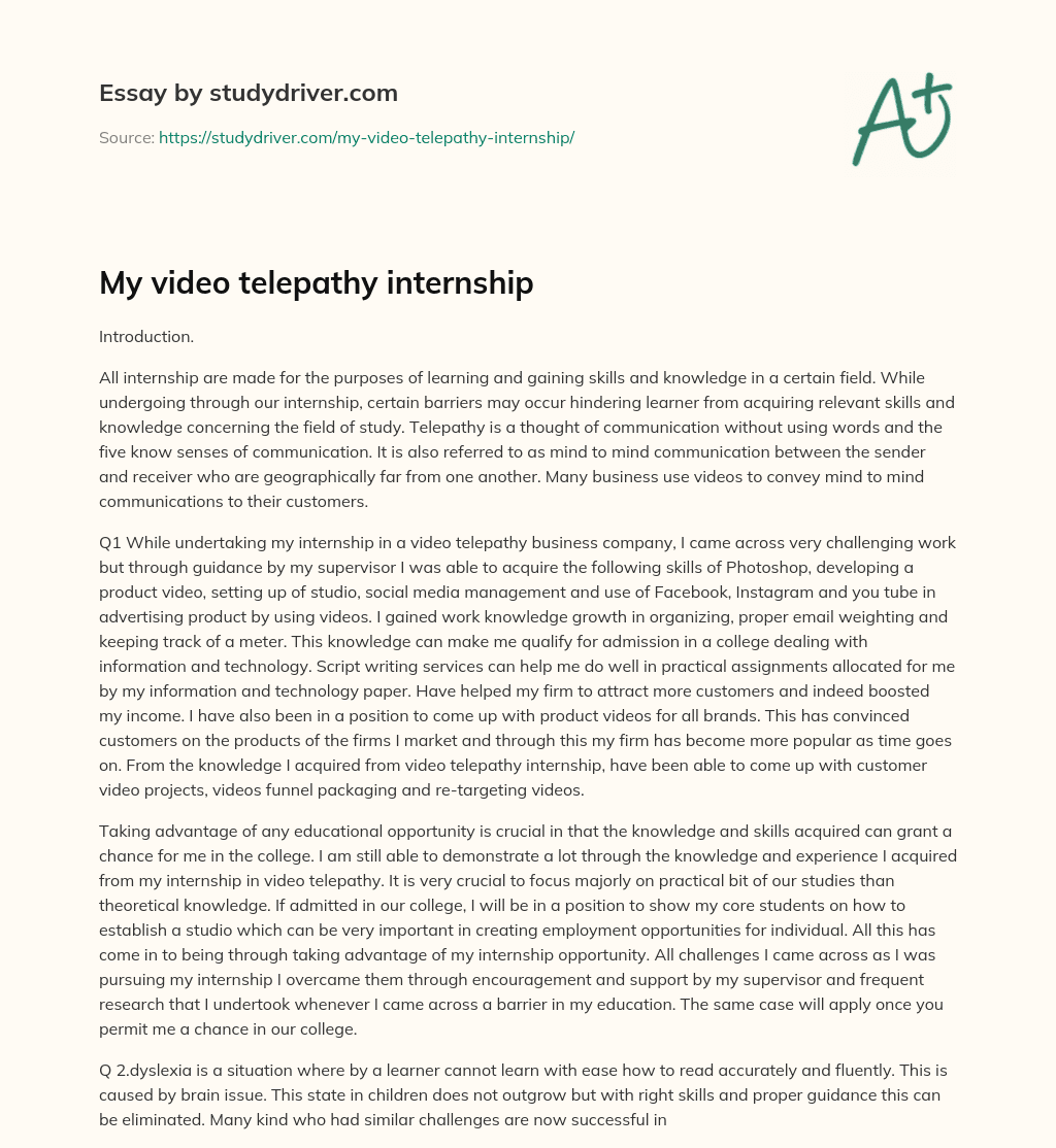 My Video Telepathy Internship essay