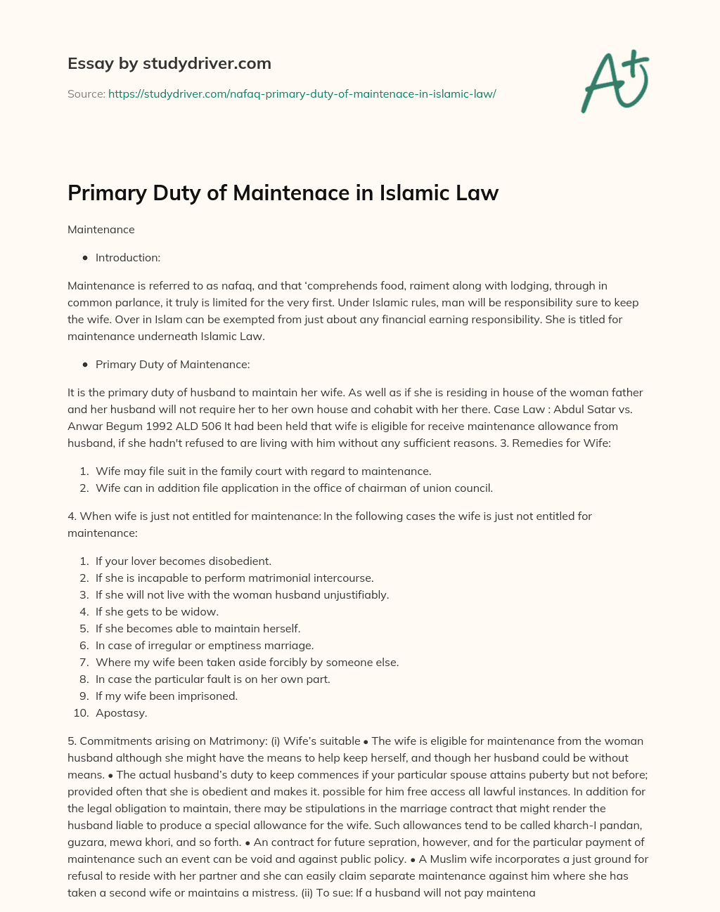 Primary Duty of Maintenace in Islamic Law essay