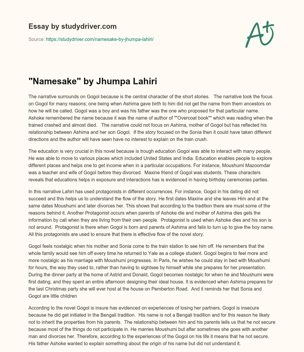 “Namesake” by Jhumpa Lahiri essay