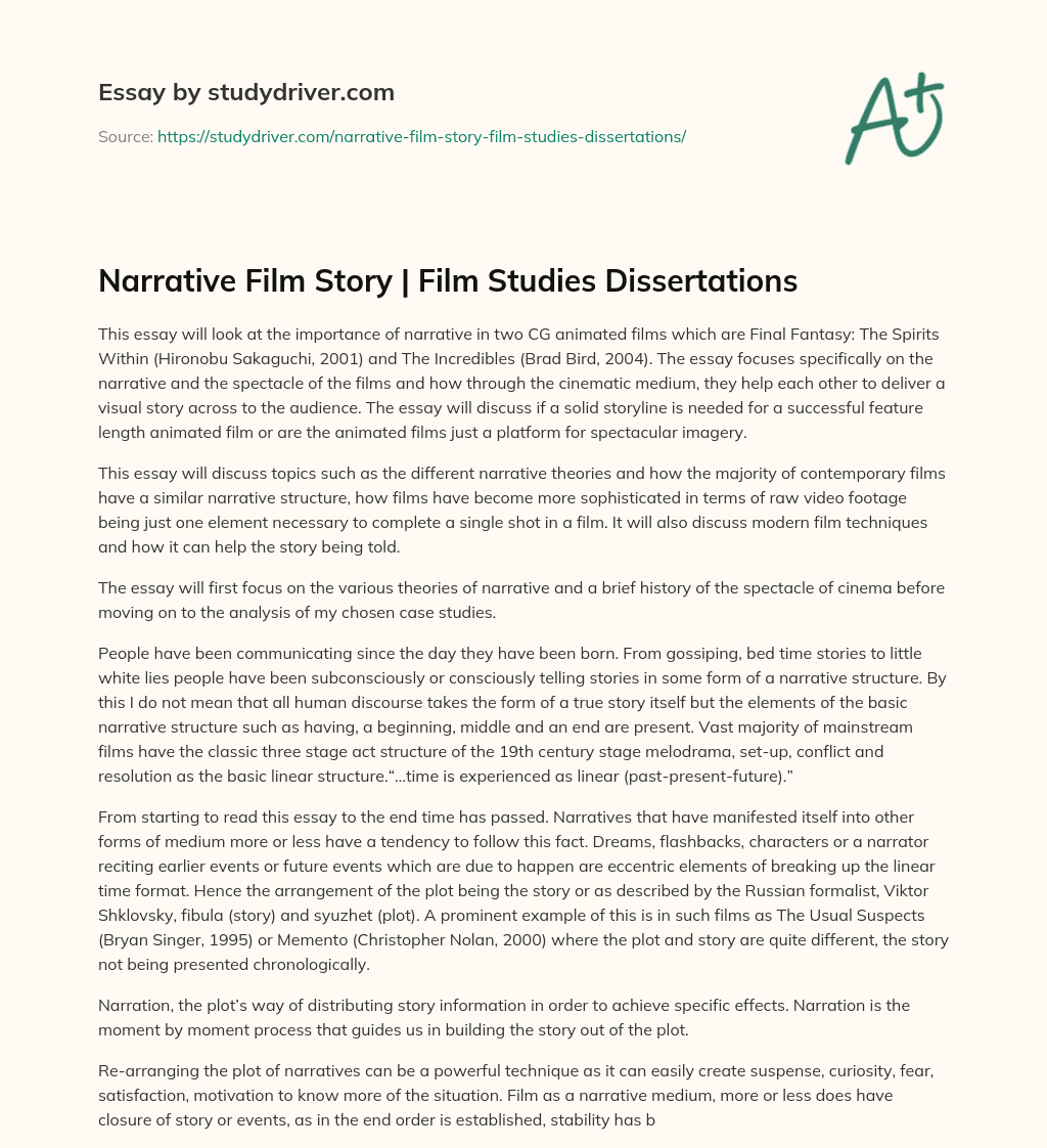 Narrative Film Story | Film Studies Dissertations essay