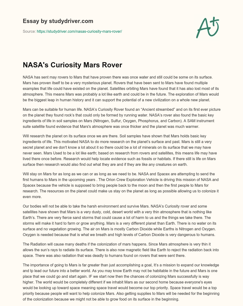 NASA’s Curiosity Mars Rover essay