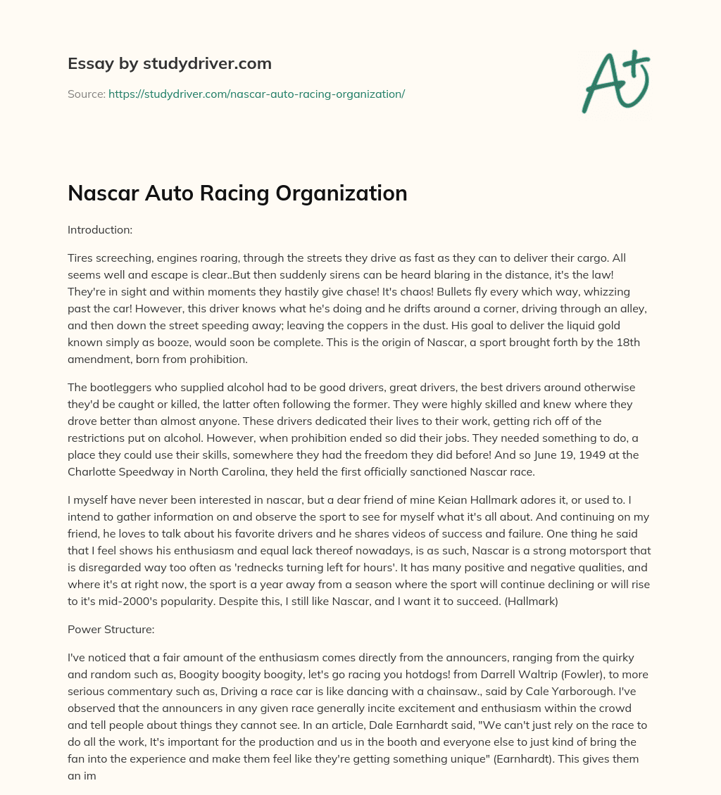 Nascar Auto Racing Organization essay
