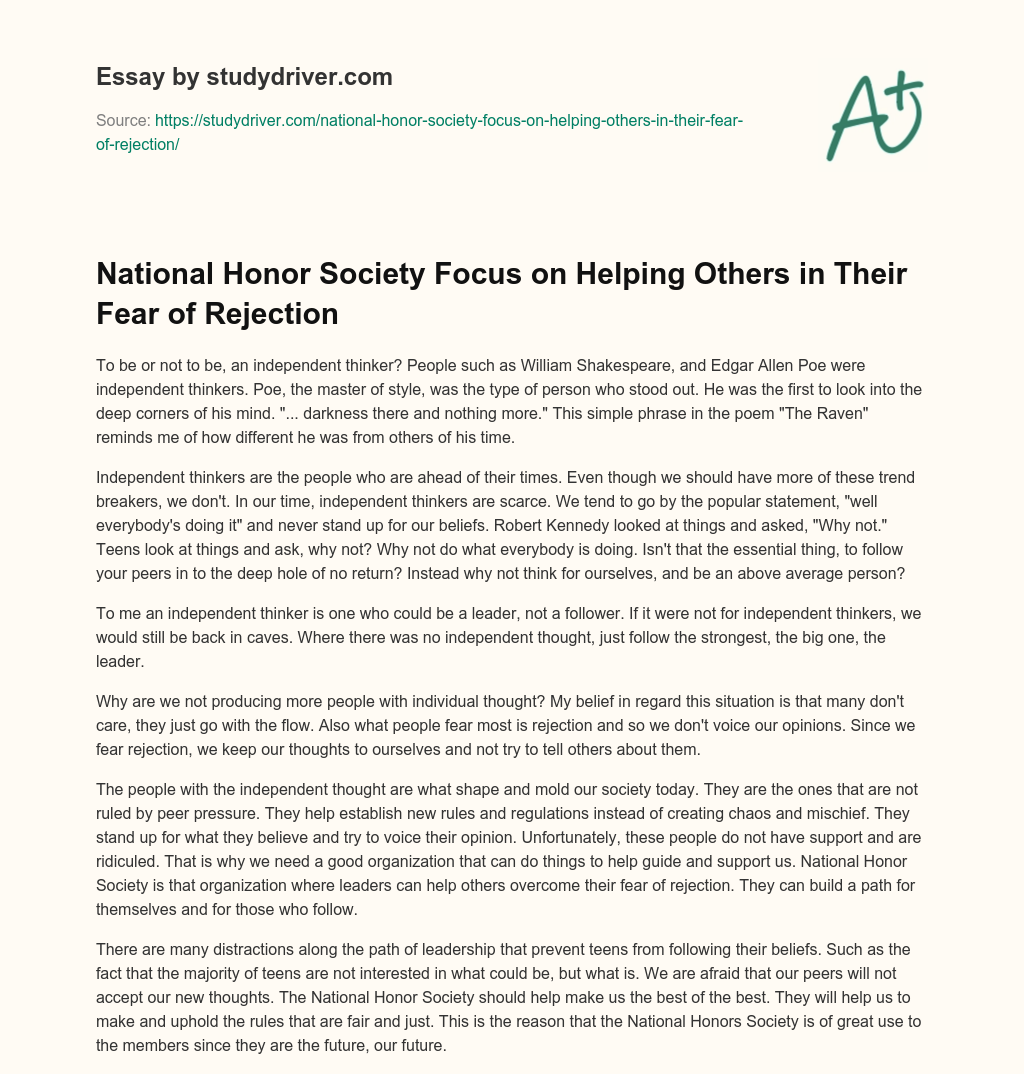 National Honor Society Focus on Helping Others in their Fear of Rejection essay
