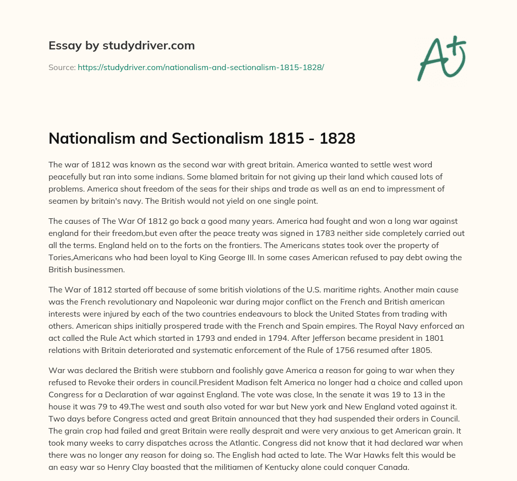 Nationalism and Sectionalism 1815 – 1828 essay