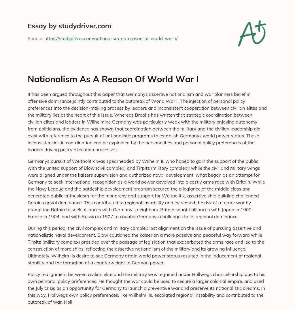 Nationalism as a Reason of World War i essay
