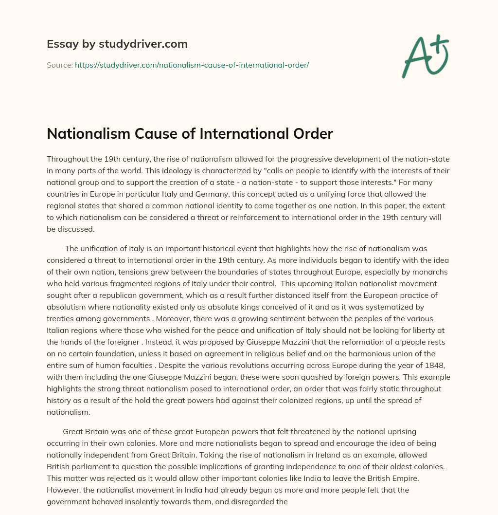 Nationalism Cause of International Order essay