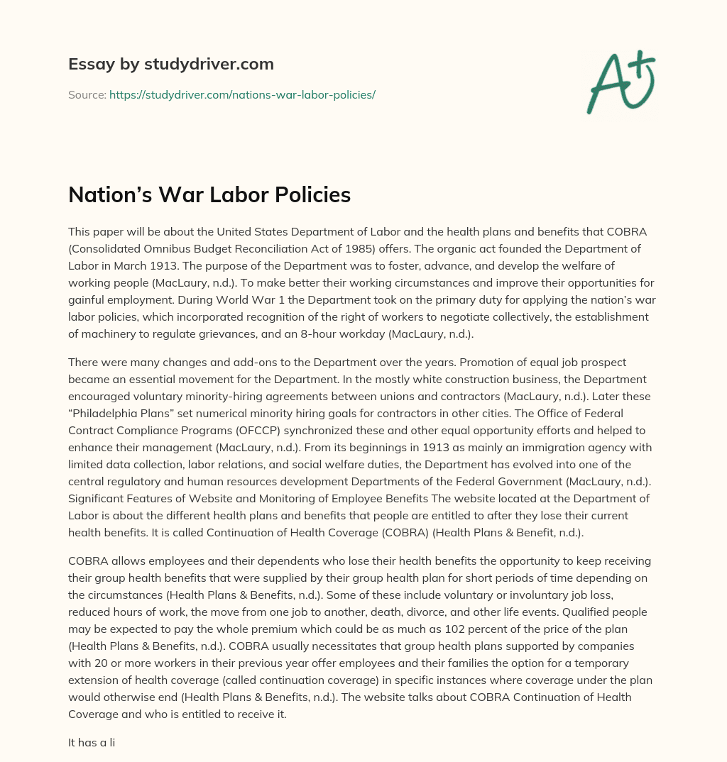 Nation’s War Labor Policies essay